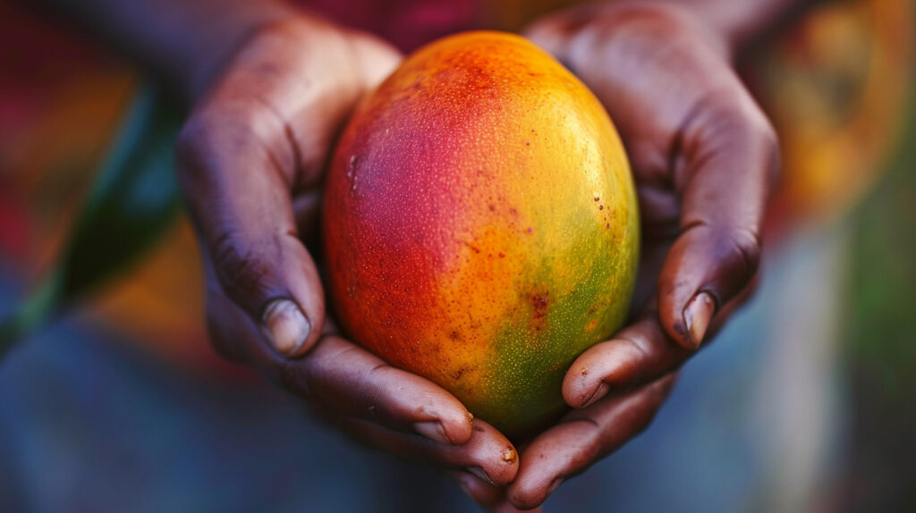 close up of mango in hands